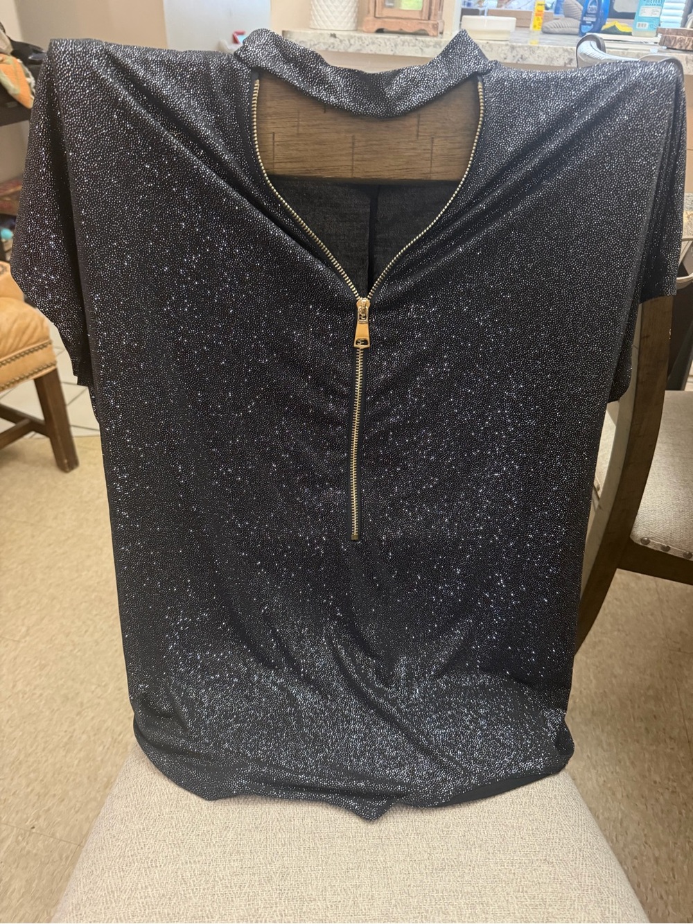 Shimmery Black Short-Sleeve Zip Front Top